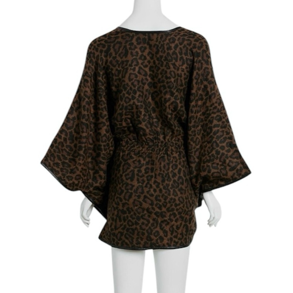 Cejon Women’s Leopard Print Tie Front Poncho With Faux-Leather Trim - Picture 2 of 9